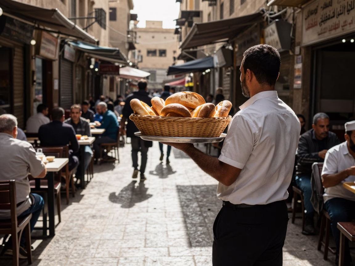 Cairo Street Cafe Afternoon Scene with Bread Basket and Local Dining in in Cairo, Egypt