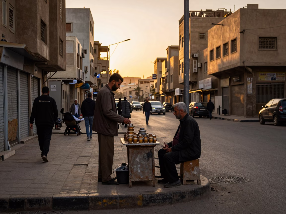 Cairo Street Corner at Golden Hour with Tea Vendor and Local Pedestrians in in Cairo, Egypt