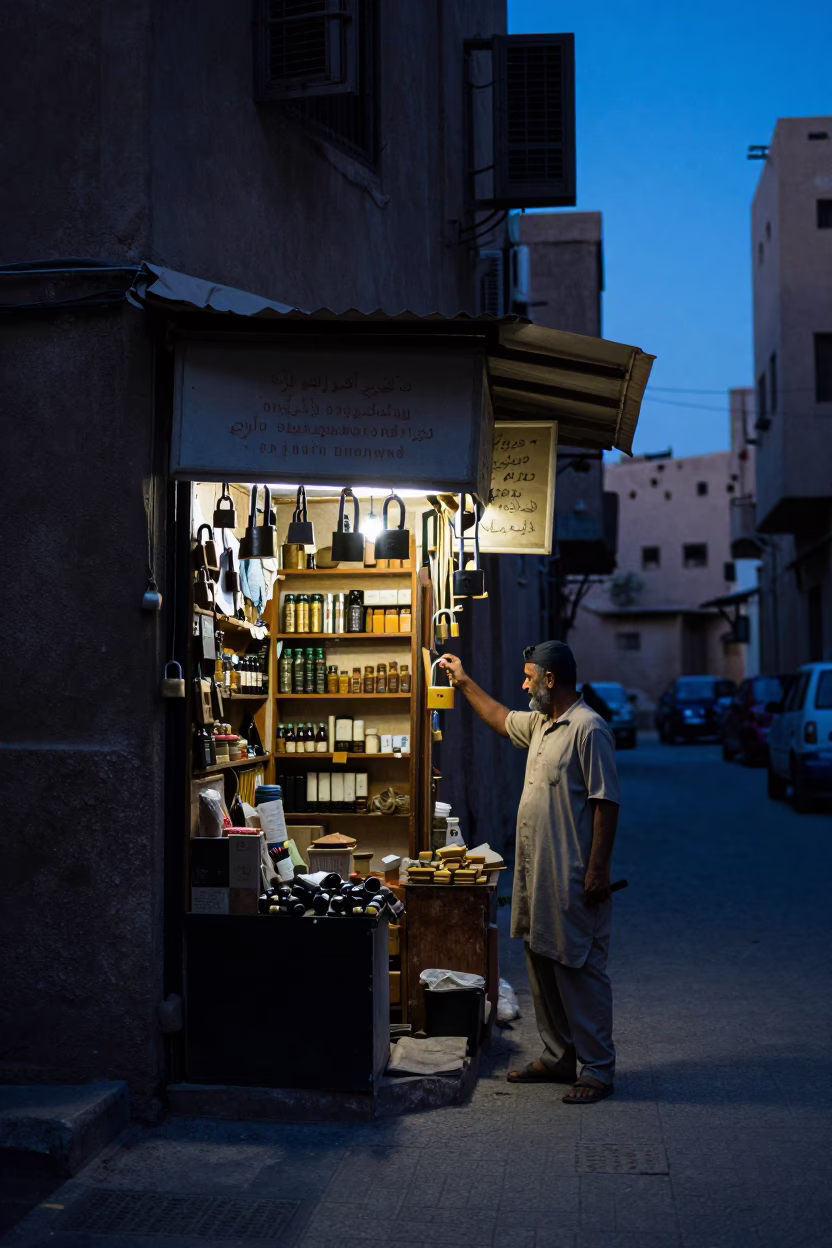Cairo Street Corner at The Still Hours Before Dawn Light in in Cairo, Egypt