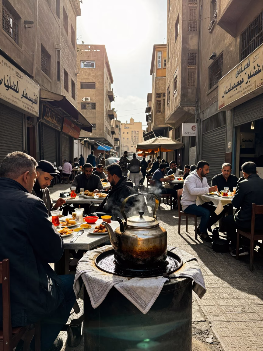 Cairo Street Corner Lunch with Tea Towels and Grease Sheen on Kettle Lid in in Cairo, Egypt