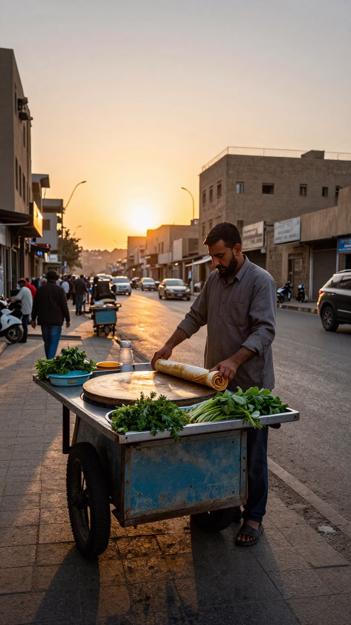 Cairo Street Food Vendor Preparing Lahmacun with Fresh Herbs at Sunset in in Cairo, Egypt