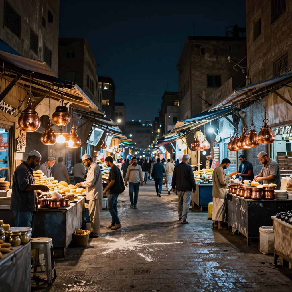 Cairo Street Life at The Deepest Night Sky Light in in Cairo, Egypt