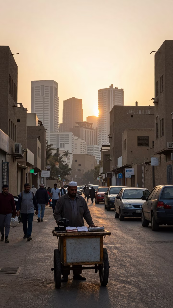 Cairo Street Scene After Sunrise with Local Vendor and Traditional Lantern in in Cairo, Egypt