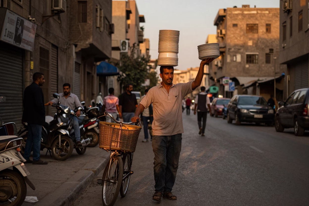 Cairo Street Scene at Dusk with Bicycle Basket and Stacked Plates in in Cairo, Egypt