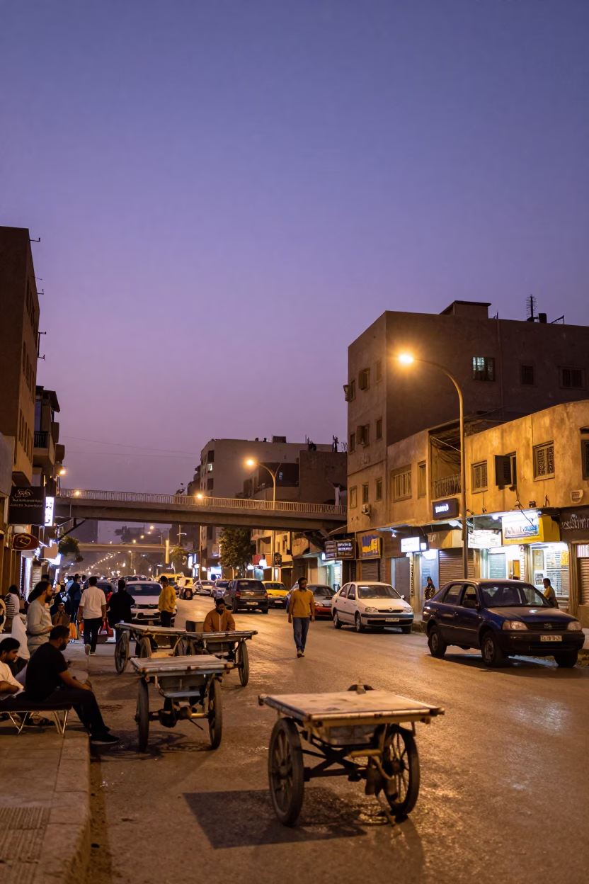 Cairo Street Scene at Dusk with Rolling Carts and Evening City Lights in in Cairo, Egypt