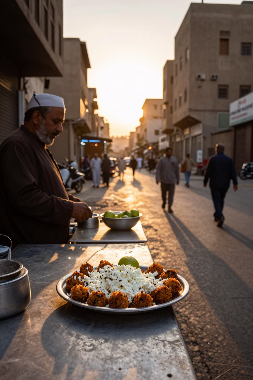 Cairo street scene at golden hour featuring local vendor and traditional elements in in Cairo, Egypt