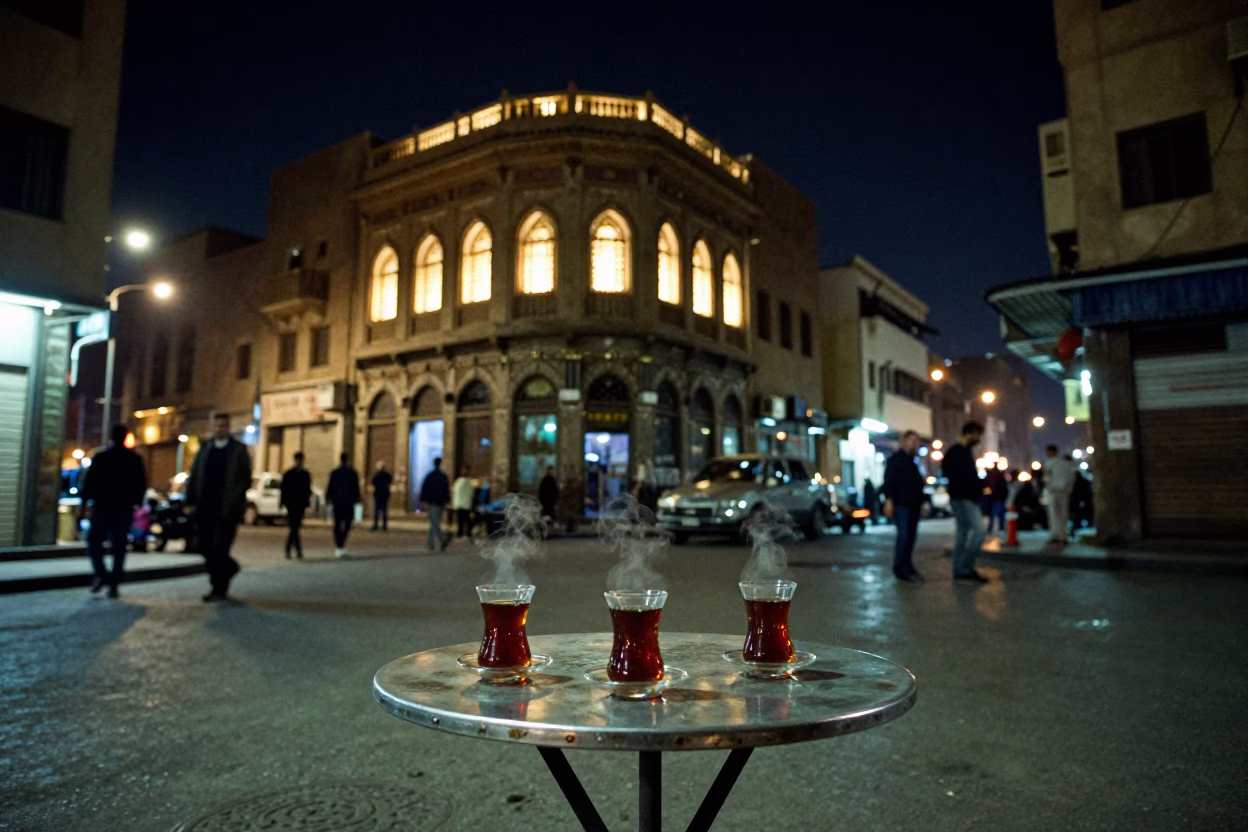 Cairo street scene at night with tea glasses and distant city lights in in Cairo, Egypt