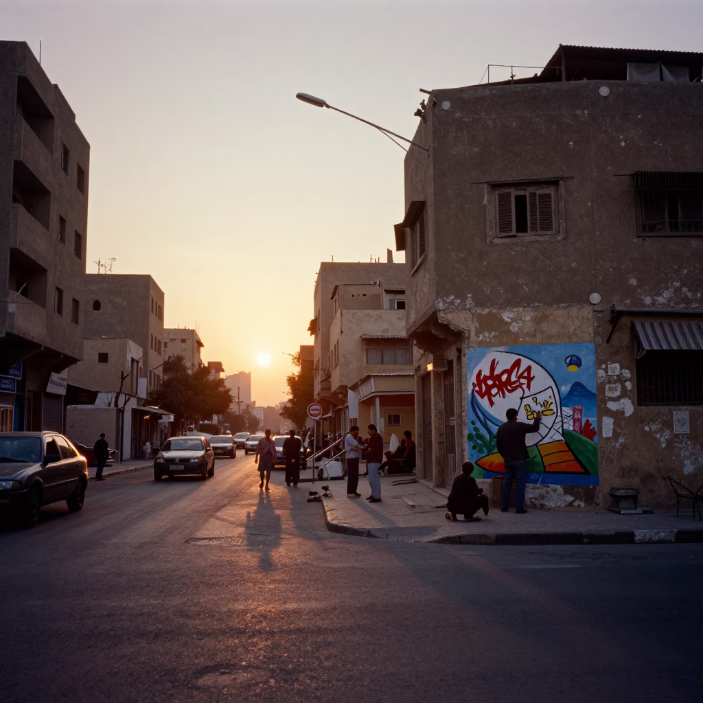 Cairo Street Scene at Sunset with Artist Painting Mural and Local Traffic in in Cairo, Egypt