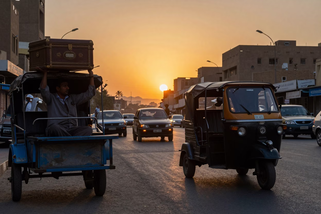 Cairo Street Scene at Sunset with Auto-rickshaw and Vintage Hatbox in in Cairo, Egypt