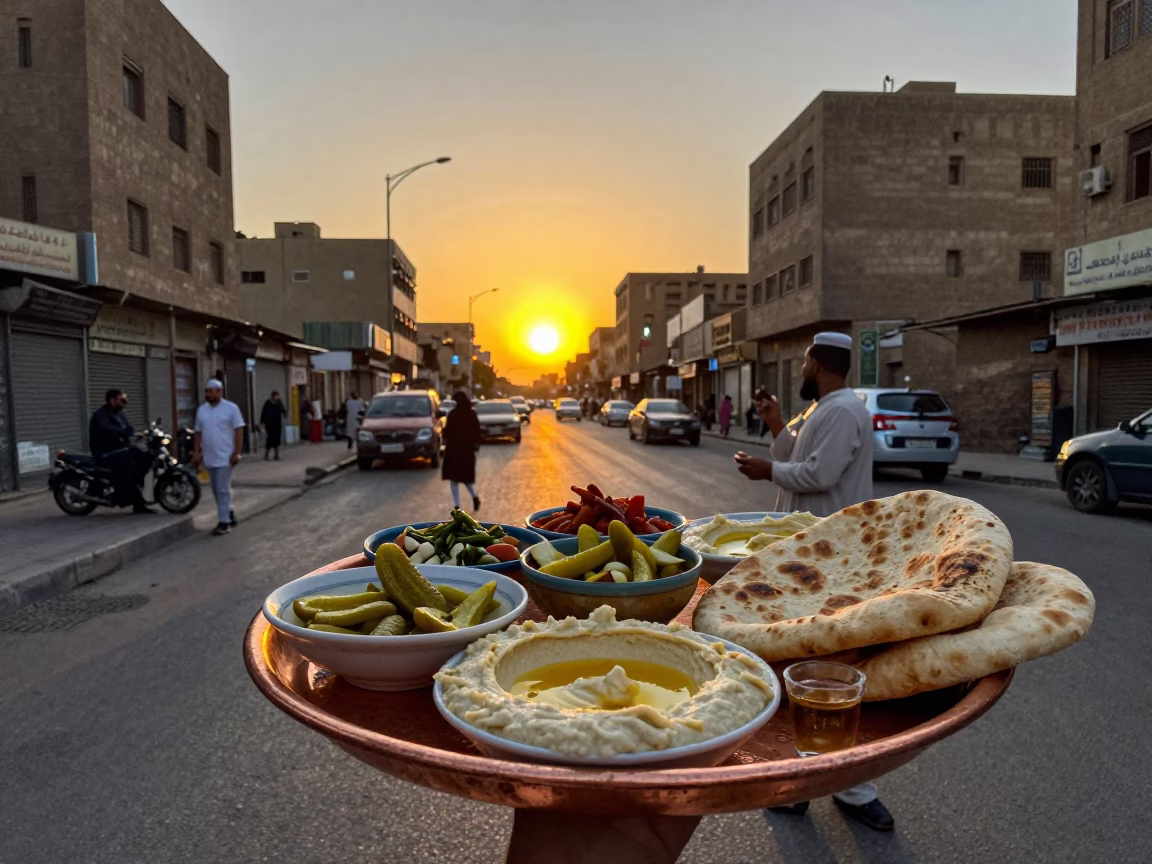 Cairo Street Scene at Sunset with Copper Mezze Tray and Local Vendor in in Cairo, Egypt
