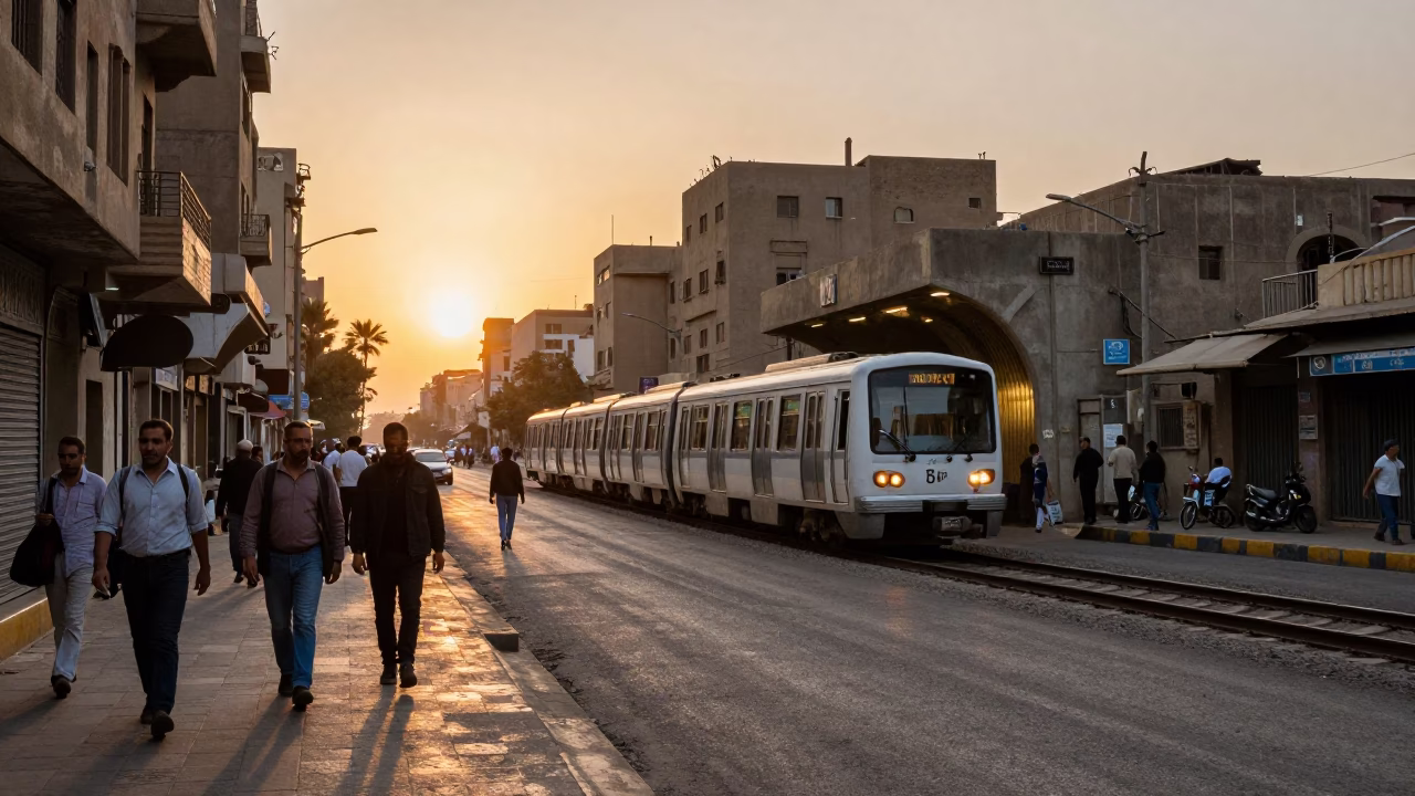 Cairo Street Scene at Sunset with Metro Train Emerging from Tunnel in in Cairo, Egypt