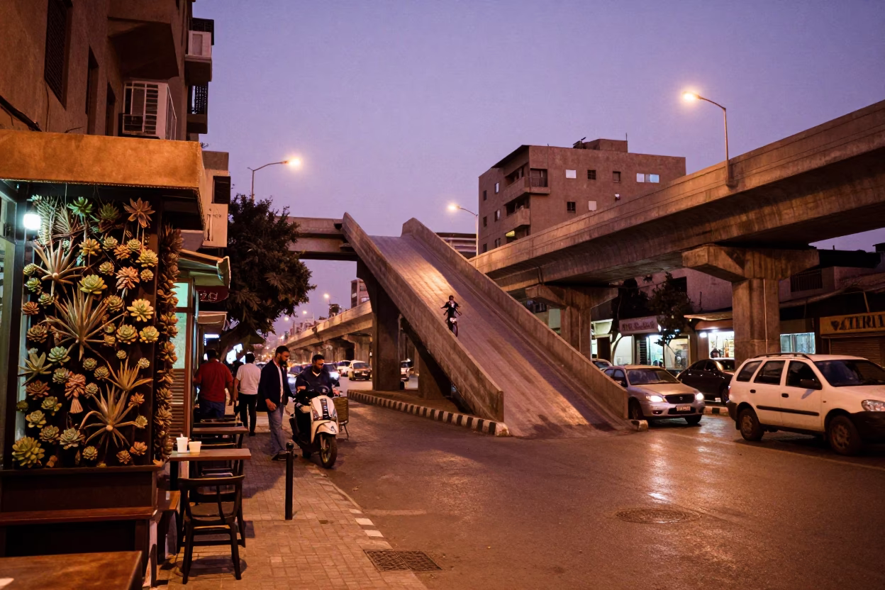 Cairo Street Scene Before Dusk with Overpass Ramp and Cafe Exterior in in Cairo, Egypt