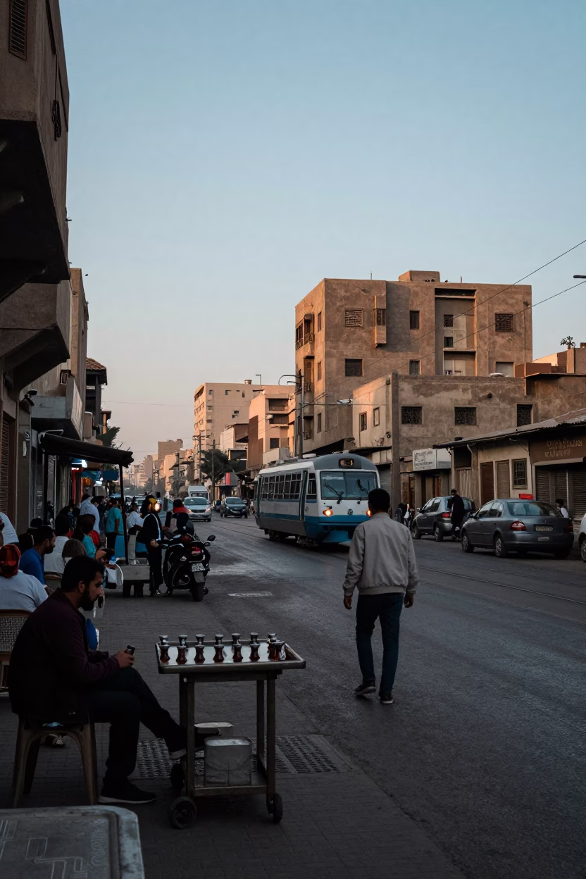 Cairo Street Scene Before Sunrise with Monorail Sweeping Above River at Blue Hour in in Cairo, Egypt