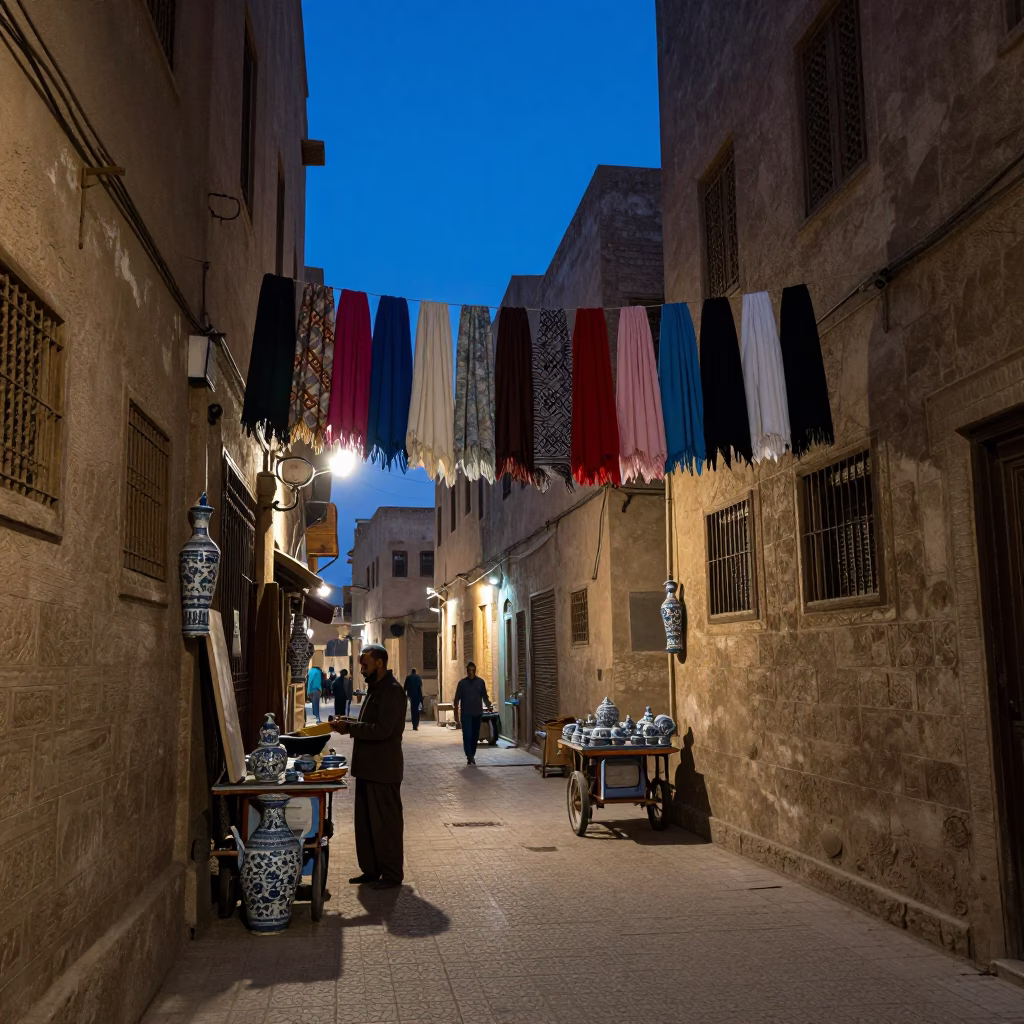 Cairo Street Scene During Blue Hour With Hanging Scarves And Porcelain in in Cairo, Egypt