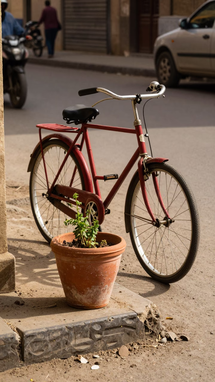 Cairo Street Scene Early Afternoon With Vintage Red Bicycle And Terracotta Pot in in Cairo, Egypt