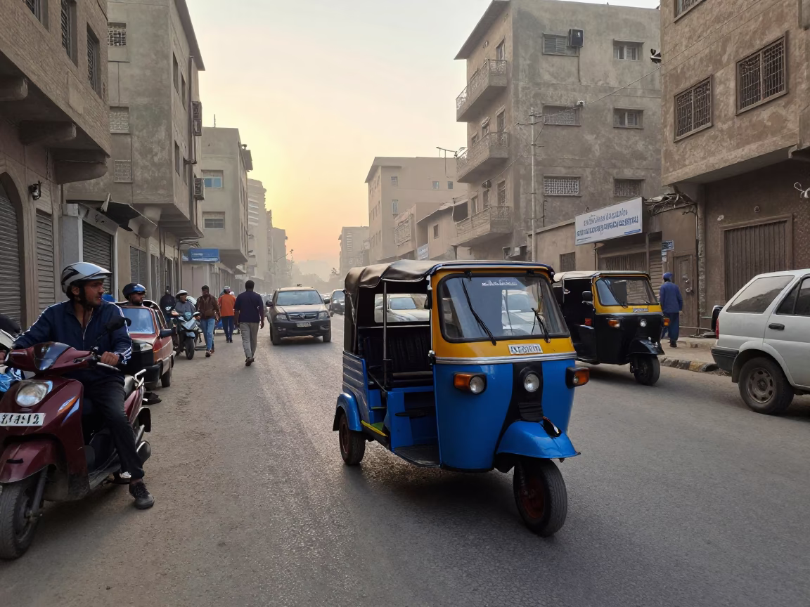 Cairo Street Scene Early Morning with Auto-Rickshaw and Local Market Activity in in Cairo, Egypt