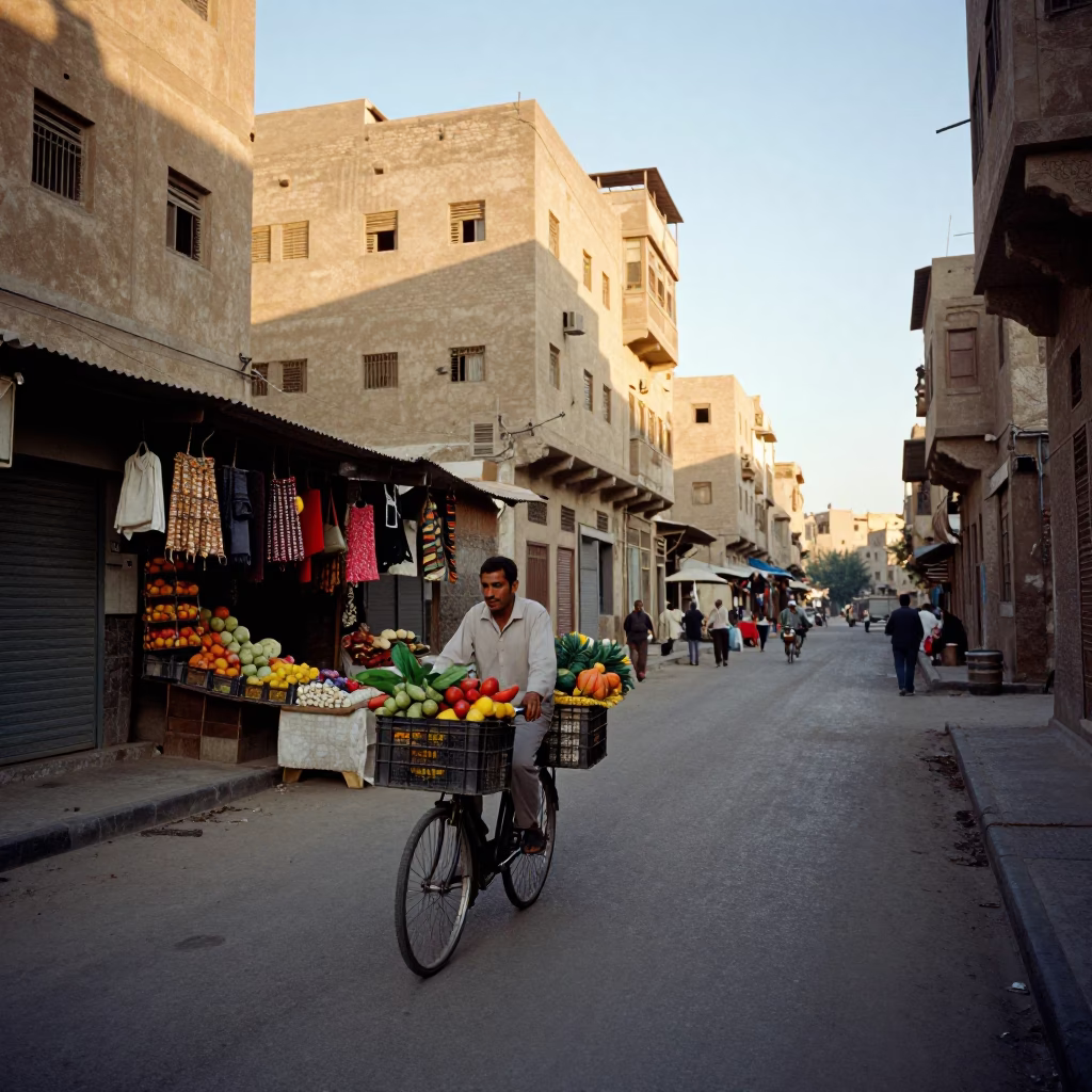 Cairo Street Scene Just After Sunrise with Vintage Bicycle and Local Market Activity in in Cairo, Egypt