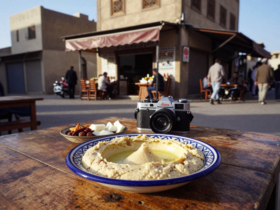 Cairo Street Scene Late Afternoon Light Mezze Platter with Hummus and Falafel in in Cairo, Egypt