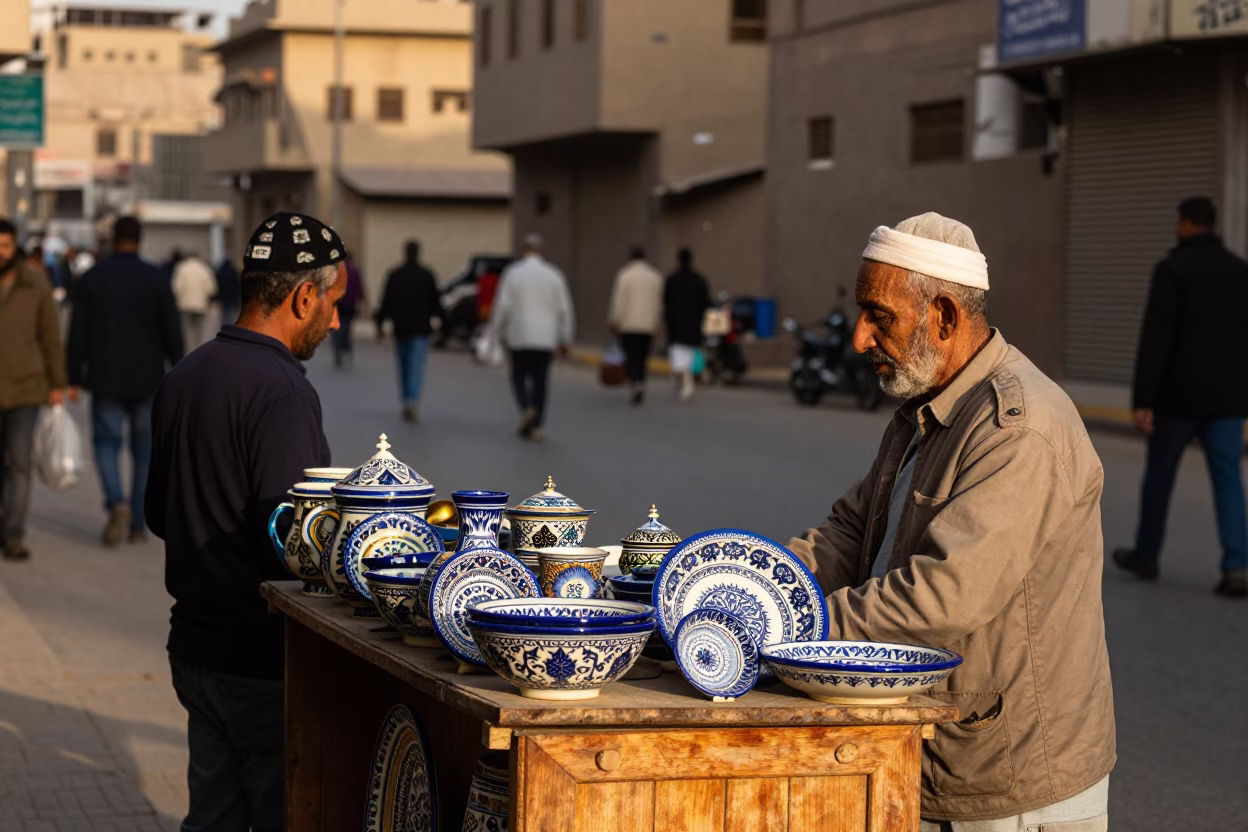 Cairo Street Scene Late Afternoon with Vintage Italian Majolica Plate and Coffee Mugs in in Cairo, Egypt