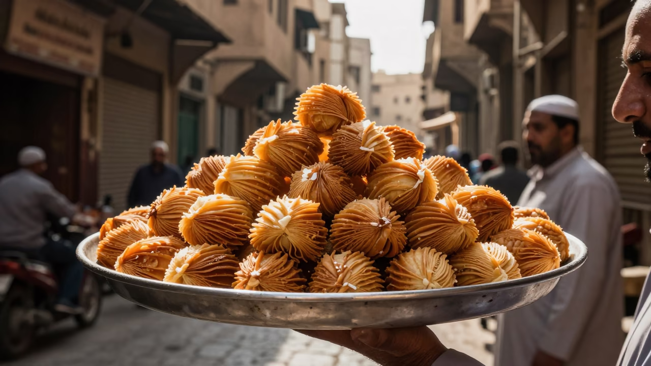 Cairo Street Scene Late Morning with Palm Pastry Tray and Rusty Rail in in Cairo, Egypt