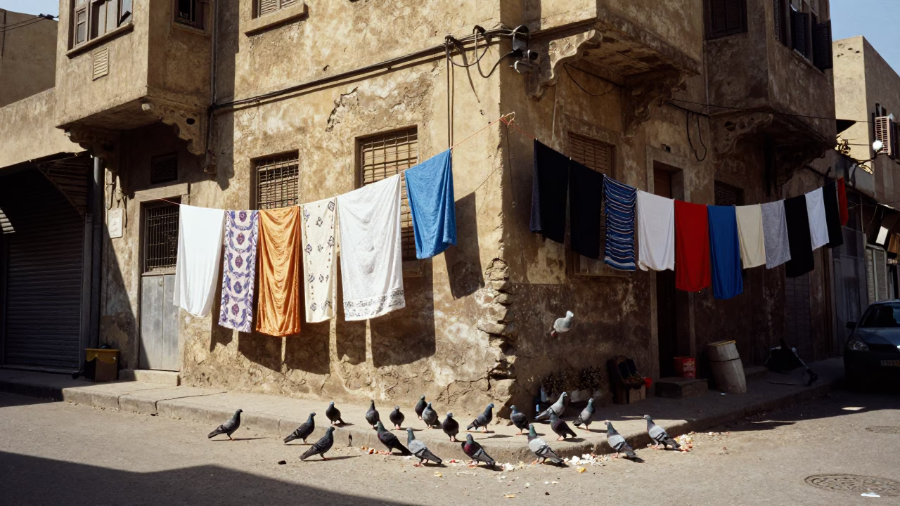 Cairo Street Scene with Laundry and Pigeons on Sunny Afternoon in in Cairo, Egypt