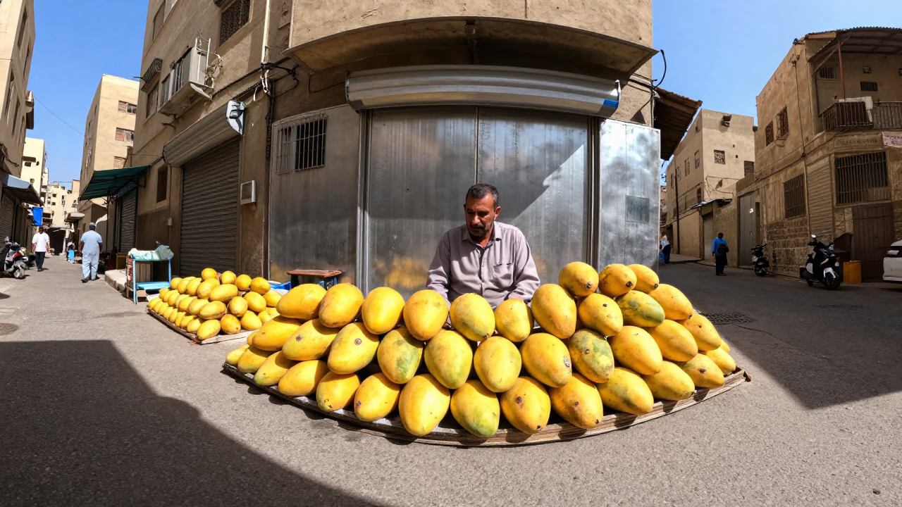 Cairo Street Scene with Mangoes and Brushed Steel at Noon in in Cairo, Egypt