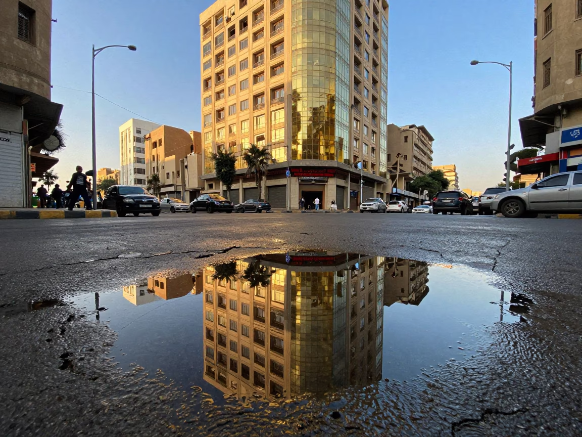 Cairo Street Scene with Puddle Reflection of Hotel Windows and Tail Lights in in Cairo, Egypt