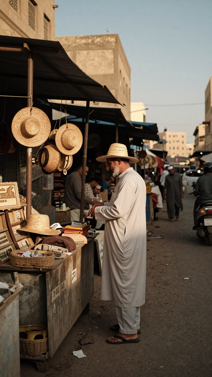 Cairo Street Scene with Straw Hat and Vintage 1960s Atmosphere in in Cairo, Egypt
