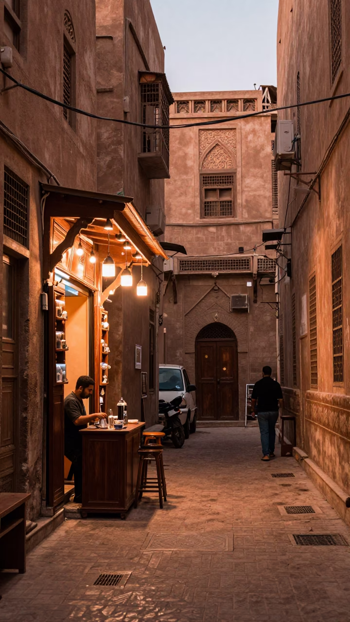 Cairo street scene with string lights and tea shop in copper dusk light in in Cairo, Egypt
