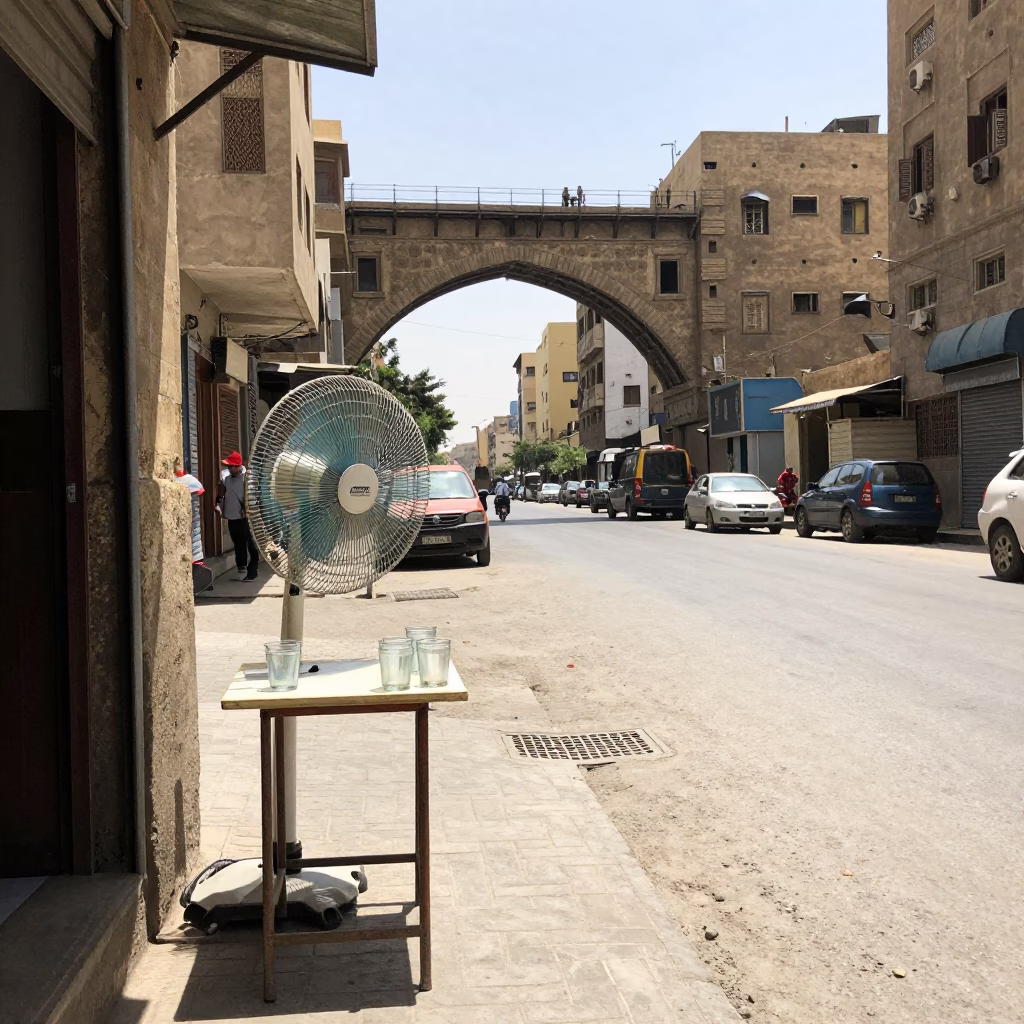 Cairo Street Scene with Table Fan and Railway Viaduct in Bright Midmorning Light in in Cairo, Egypt
