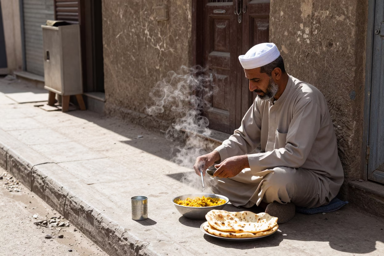 Cairo Street Scene with Traditional Dal and Naan Lunch in Bright Midmorning Light in in Cairo, Egypt