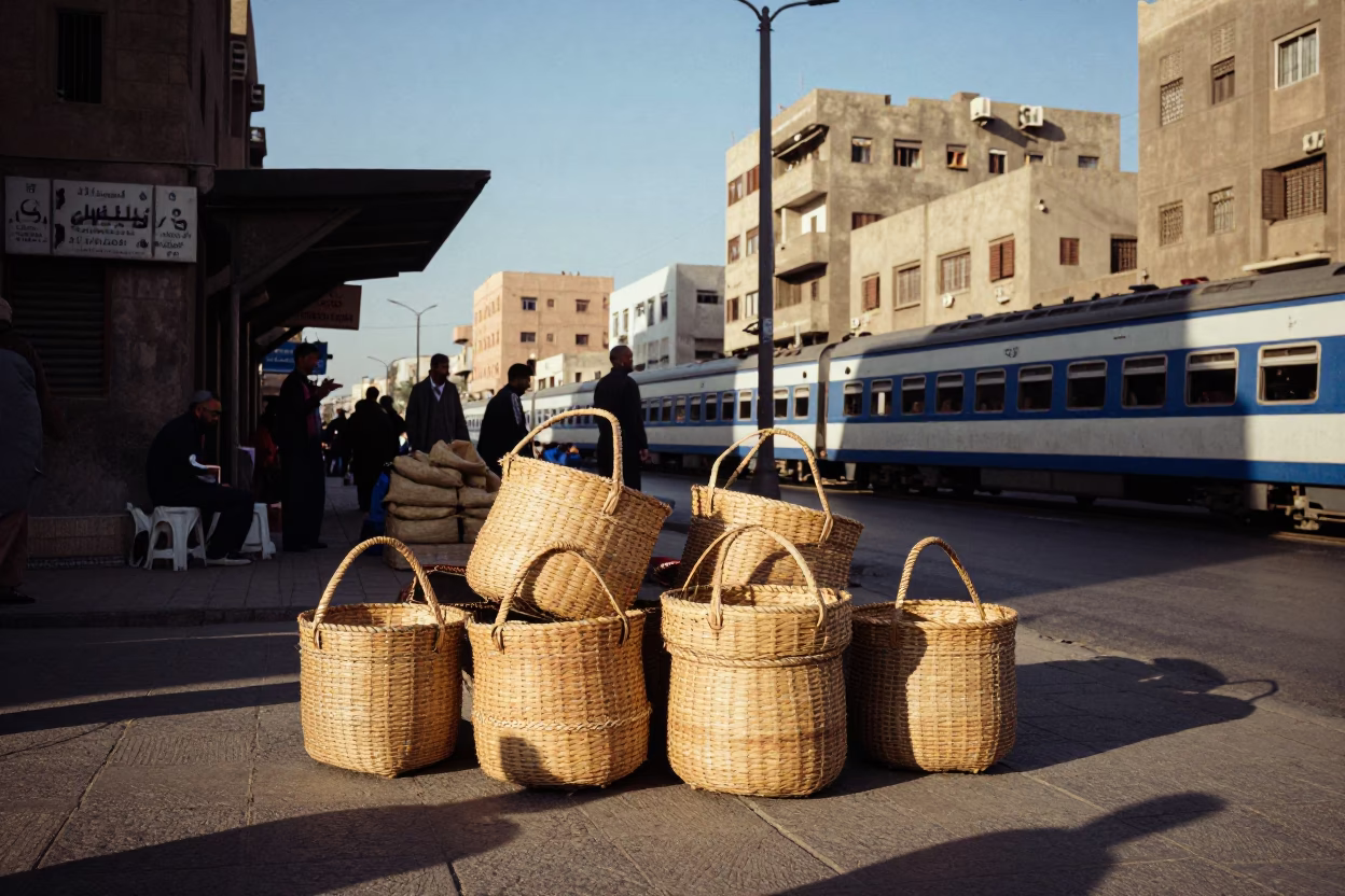 Cairo Street Scene with Woven Baskets and Train Station Architecture in Late Afternoon Light in in Cairo, Egypt