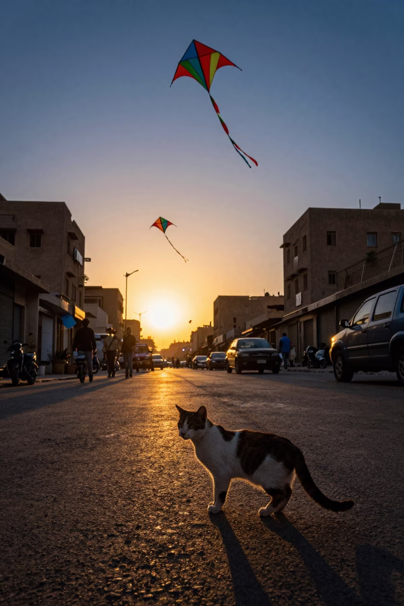 Cairo Street Sunset Scene with Oriental Shorthair Cat and Kites in Sky in in Cairo, Egypt