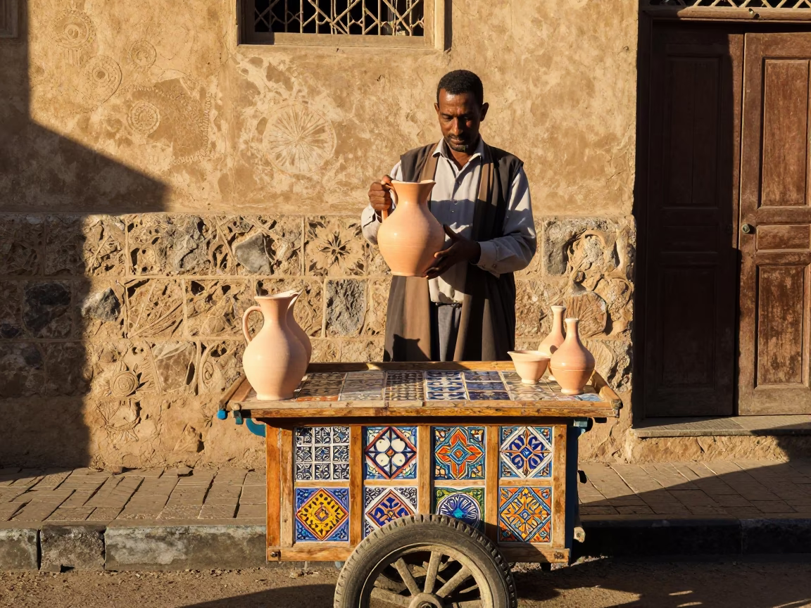 Cairo Street Vendor Ceramic Pitcher and Tiles Afternoon Sunlight in in Cairo, Egypt