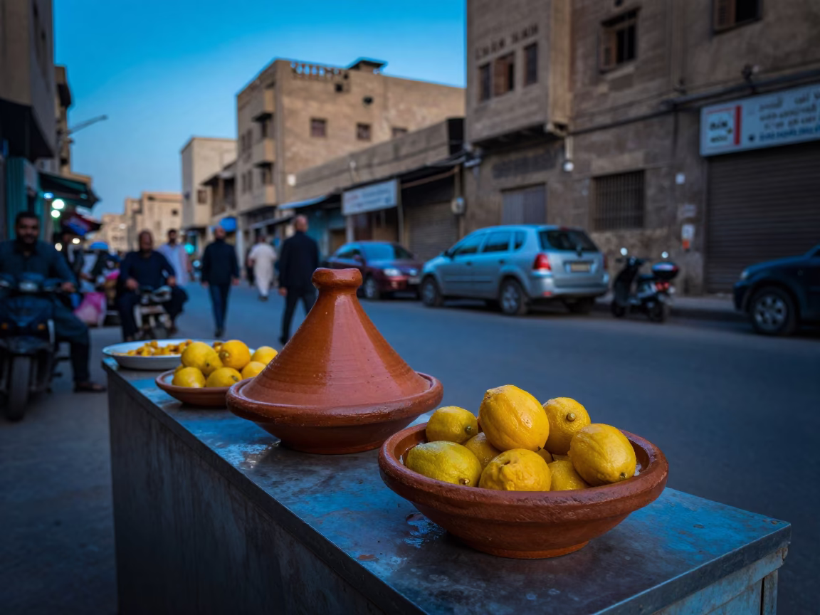 Cairo Street Vendor Evening Light with Tagine Pot and Newspaper Stack in Egypt in in Cairo, Egypt