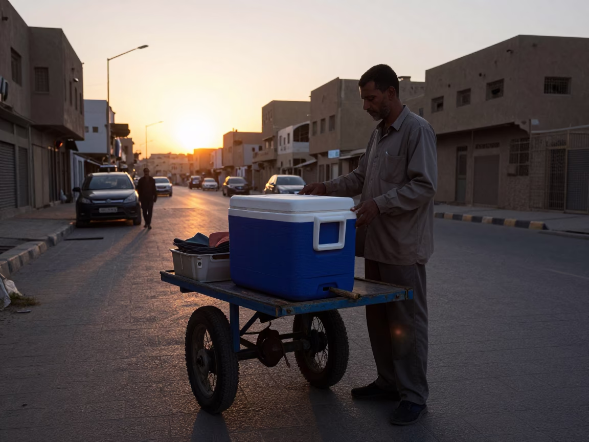 Cairo Street Vendor Evening Scene with Cooler Jug and Drinking Vessel in in Cairo, Egypt