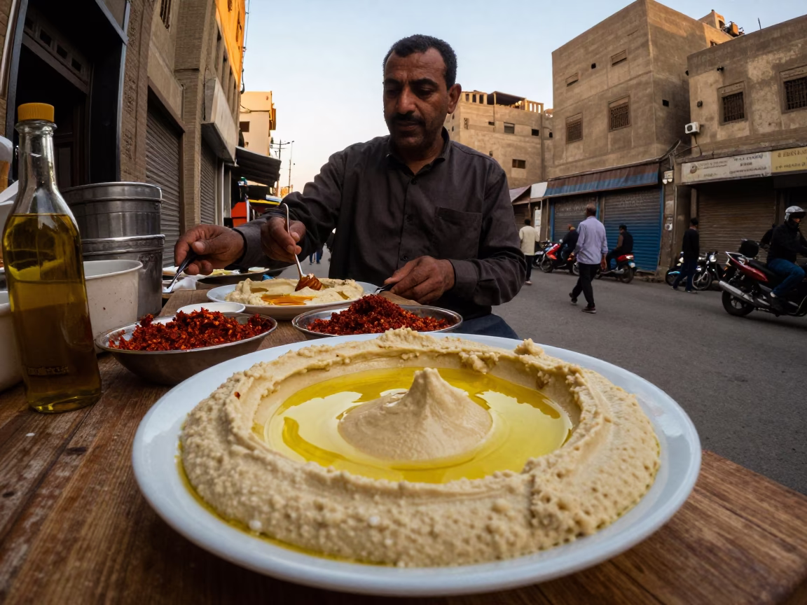 Cairo Street Vendor Evening Spread Hummus Olive Oil Paprika Traditional Egyptian Cuisine in in Cairo, Egypt