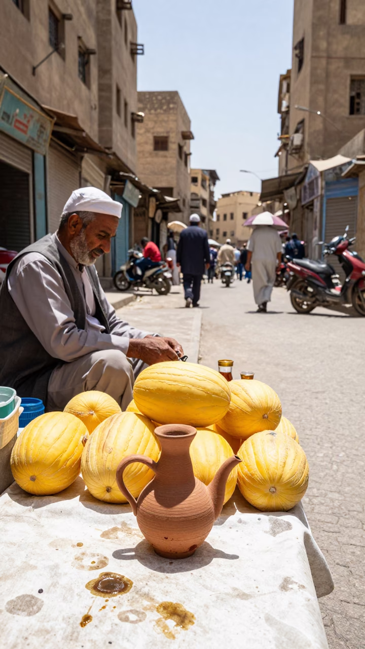 Cairo Street Vendor Midmorning Light Melons and Tea Stains Authentic Egyptian Market Scene in in Cairo, Egypt