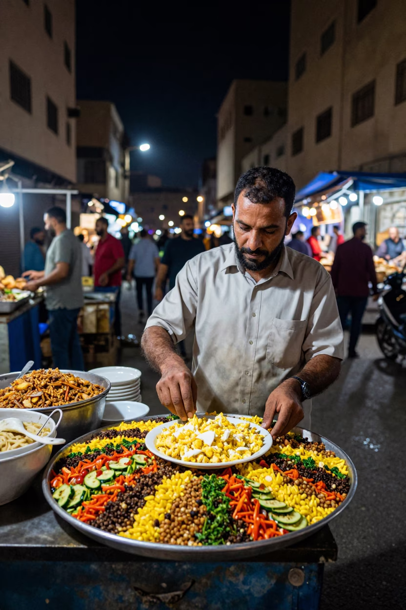 Cairo Street Vendor Midnight Snacks with Gallo Pinto and Eggs Near Historic Mosque in in Cairo, Egypt