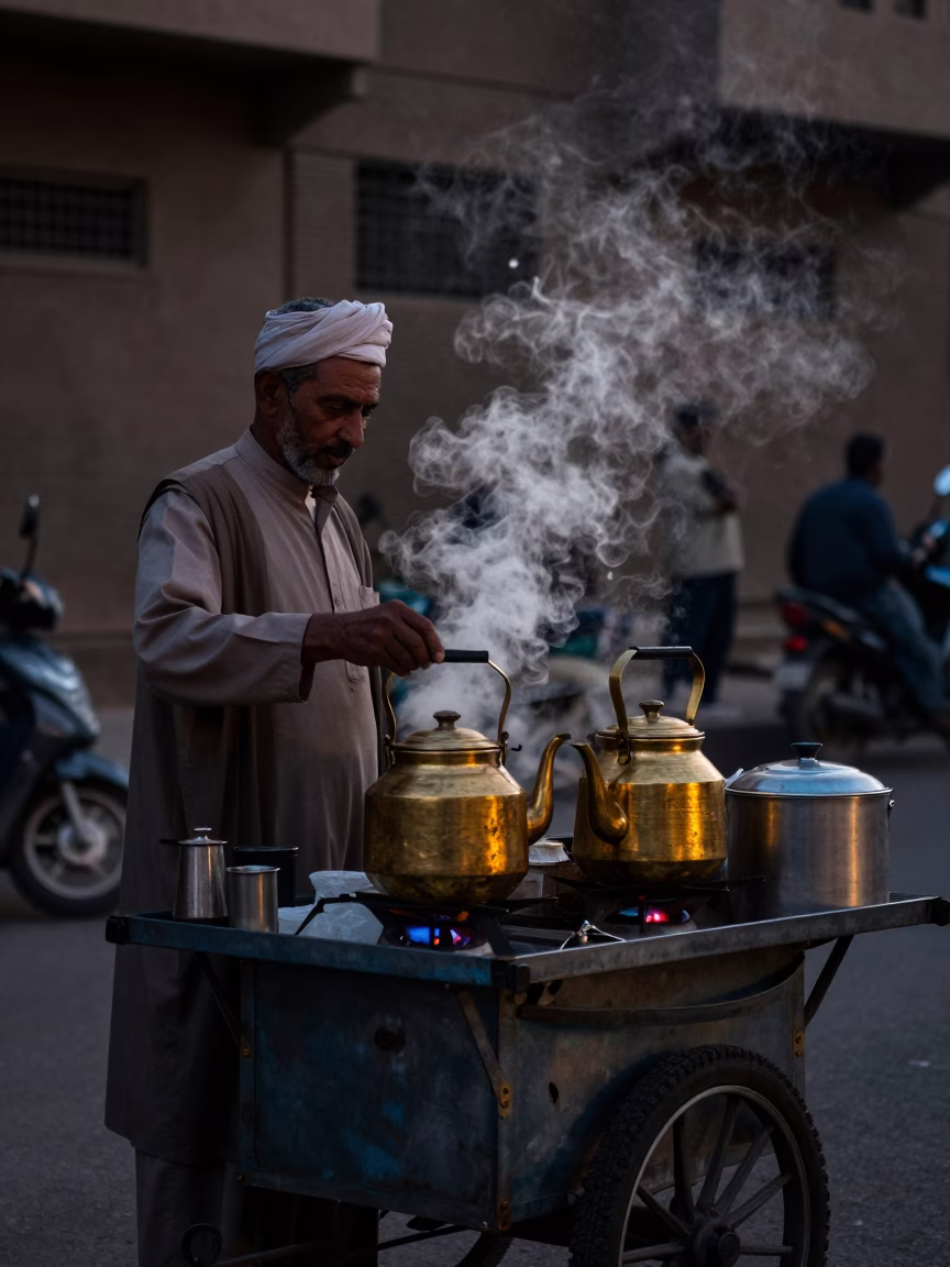 Cairo Street Vendor Predawn Tea Service with Kettles and Glass Tumblers in in Cairo, Egypt
