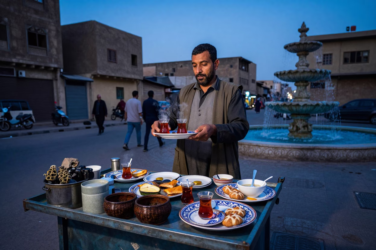 Cairo Street Vendor Preparing Breakfast with Fossil and Fountain Pen in Early Dawn Light in in Cairo, Egypt