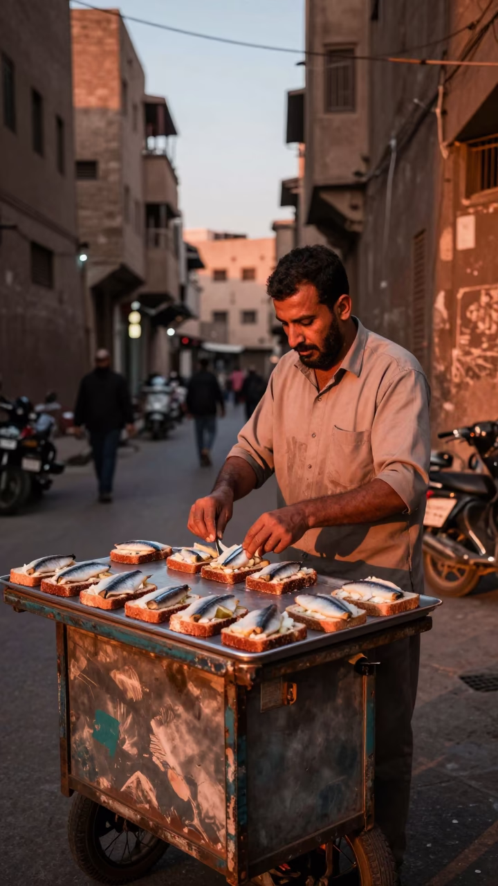 Cairo Street Vendor Preparing Smørrebrød in Copper Dusk Light in in Cairo, Egypt
