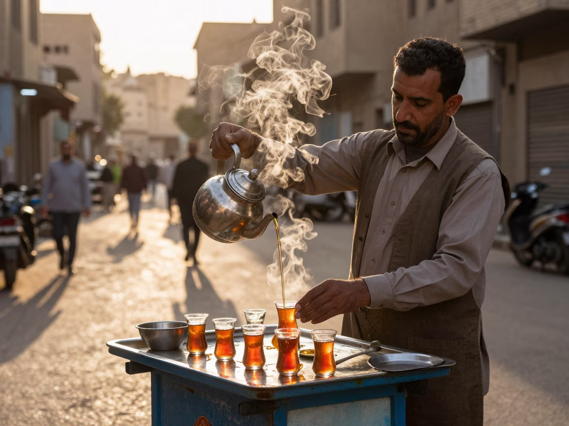 Cairo Street Vendor Preparing Sweet Mint Tea in Honeyed Evening Light in in Cairo, Egypt