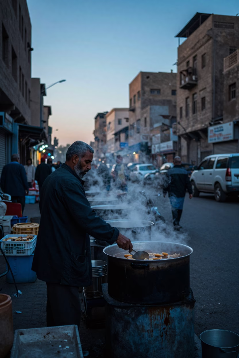 Cairo Street Vendor Preparing Traditional Breakfast Before Dawn in Egypt in in Cairo, Egypt