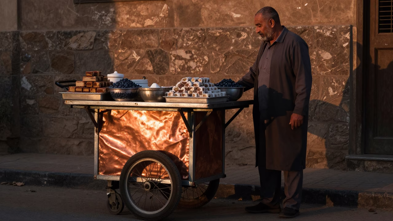Cairo Street Vendor Rolling Cart in Copper Dusk Light with Sweets and Blueberries in in Cairo, Egypt