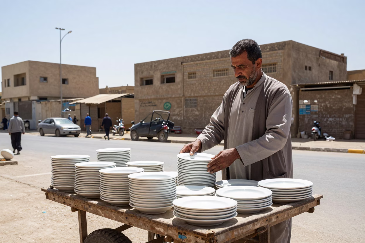 Cairo Street Vendor Selling Ceramic Plates Under Noon Sun in Egypt in in Cairo, Egypt