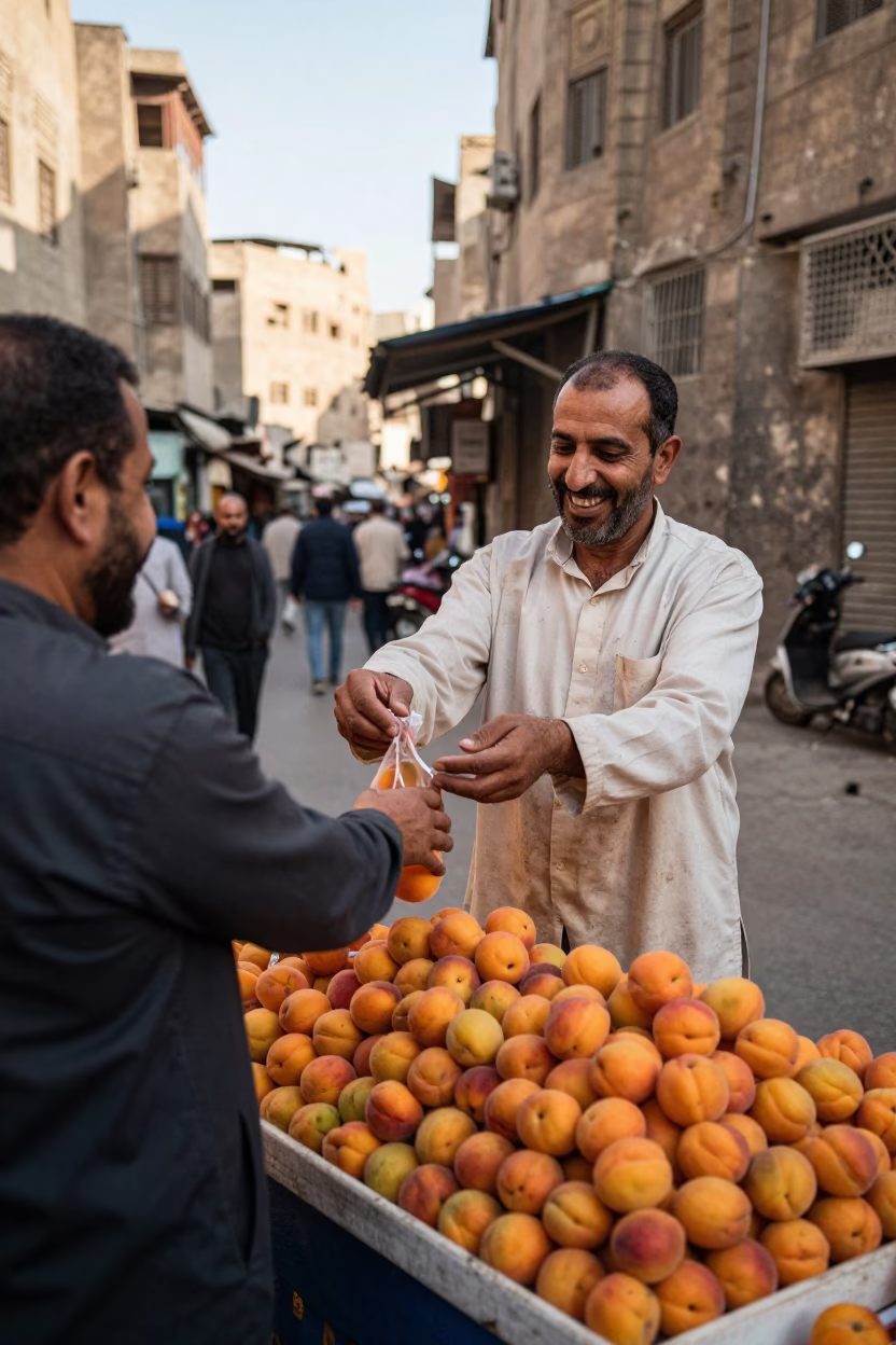 Cairo Street Vendor Selling Fresh Apricots in Early Afternoon Sunlight in in Cairo, Egypt