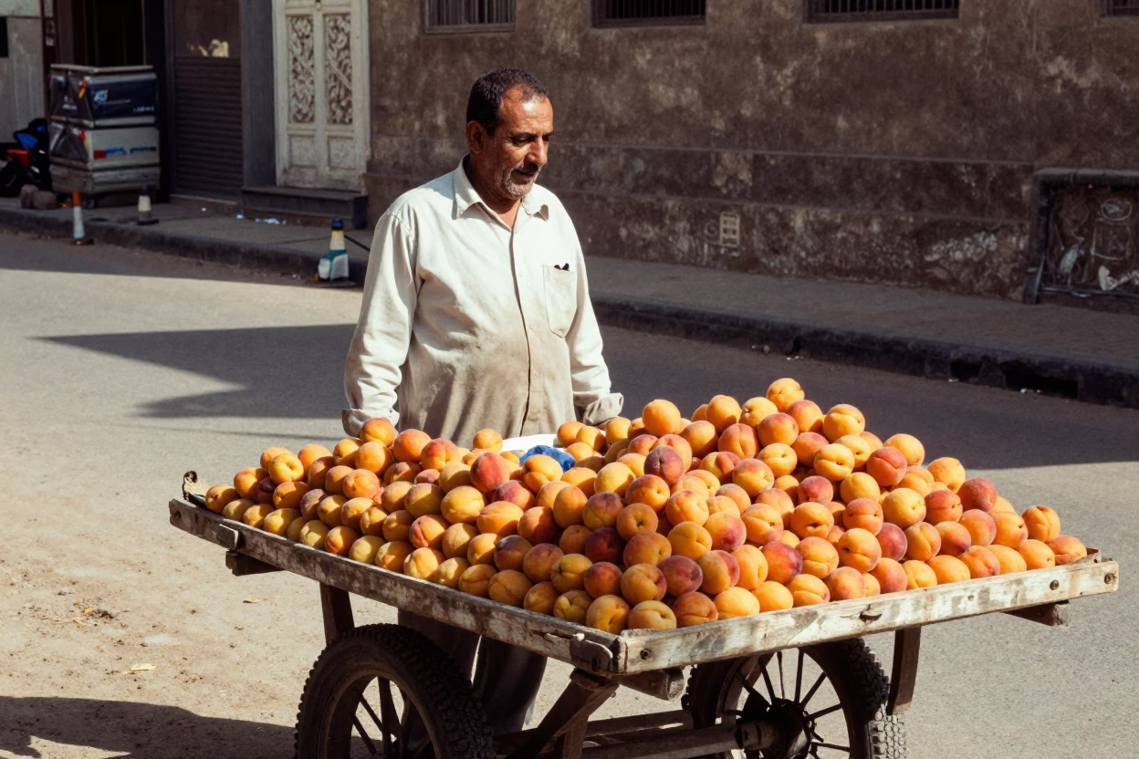 Cairo Street Vendor Selling Fresh Apricots in Late Afternoon Sunlight in in Cairo, Egypt