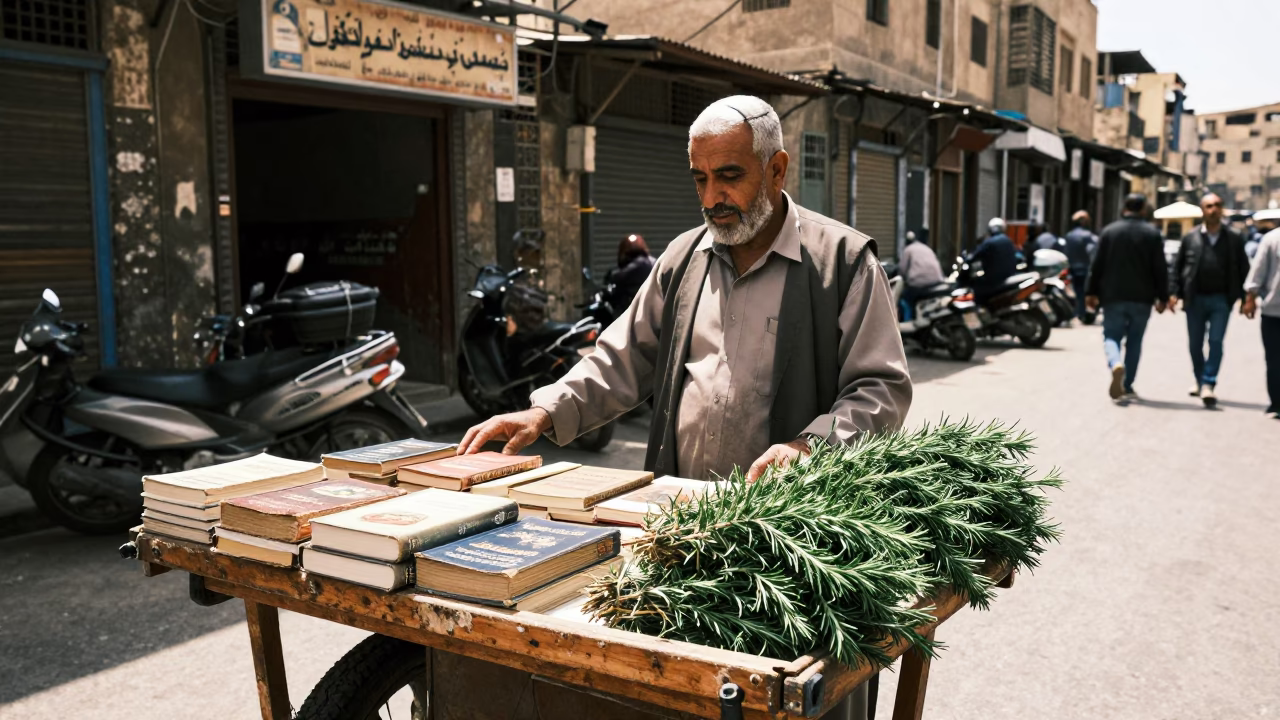 Cairo Street Vendor Selling Fresh Rosemary and Cookbooks in Bright Midmorning Light in in Cairo, Egypt