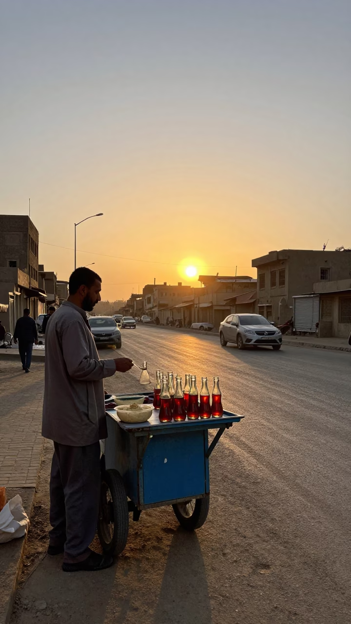 Cairo Street Vendor Selling Glass Bottles and Hummus at Sunset in in Cairo, Egypt
